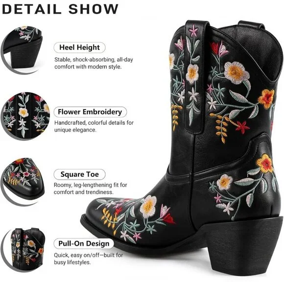 Women's Flower Embroidered Chunky Heel Ankle Snip Square Toe Western Boot Black - Picture 4 of 8